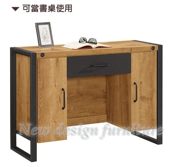 【N D Furniture】台南在地家具-工業風防蛀木心板木紋106cm掀鏡化妝台含椅MC