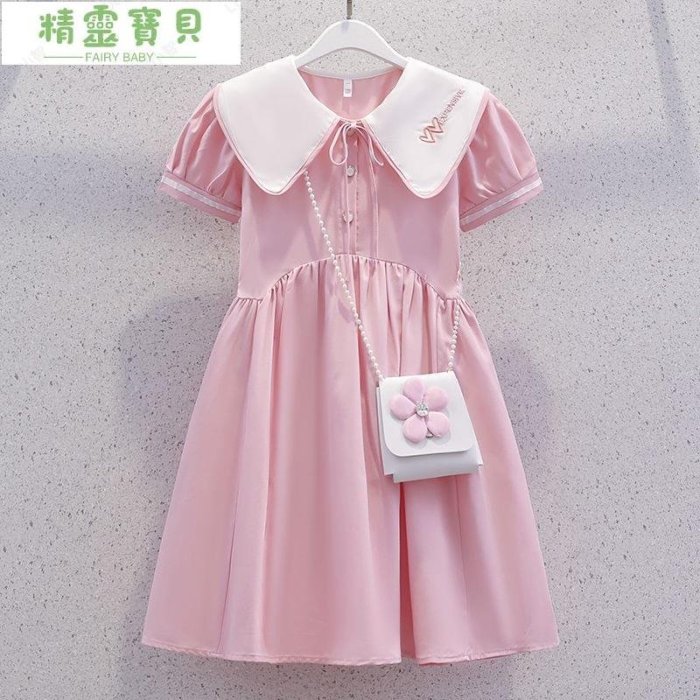 女童裝 女童洋裝 女童短袖洋裝 新款 韓版洋裝 薄款 甜美風 娃娃領 女童公主裙-精靈寶貝