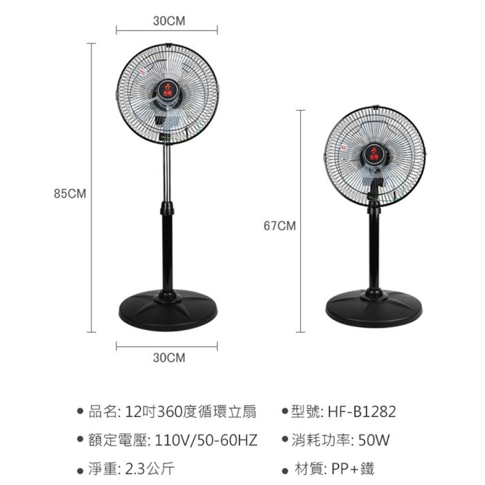 有現貨 附發票＊元元家電館＊SUPAFINE 勳風 12吋 3段速360度超循環電風扇 HF-B1282