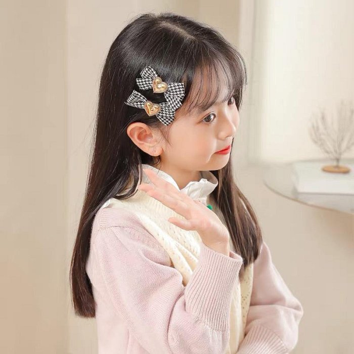 C232-韓國氣質千鳥格兒童蝴蝶結髮夾發繩女童愛心發卡女童公主頭飾夾子-滿599免運 巴卡巴卡