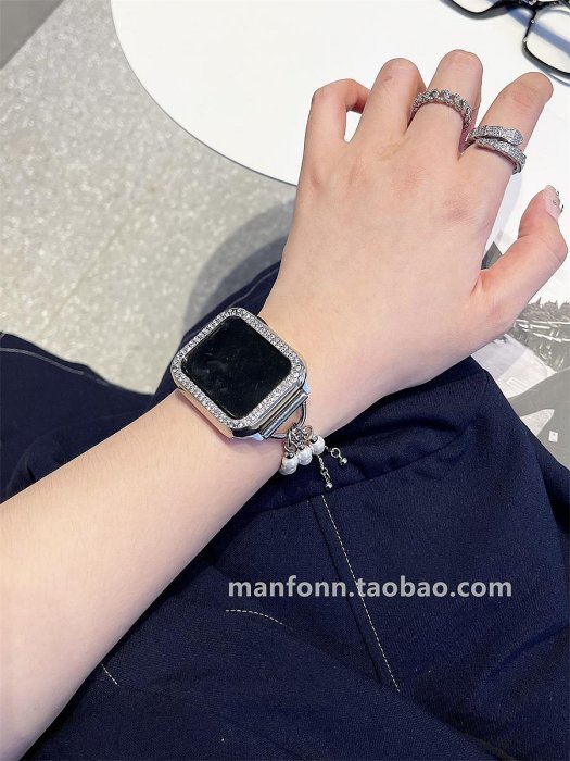 珍珠金屬錶鍊設計款小香風適用于蘋果applewatch78代6543SE錶帶女