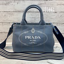 《真愛名牌精品》Prada 1BG439 天空藍色單寧  帆布印字 手提/側背2用包 *全新*代購