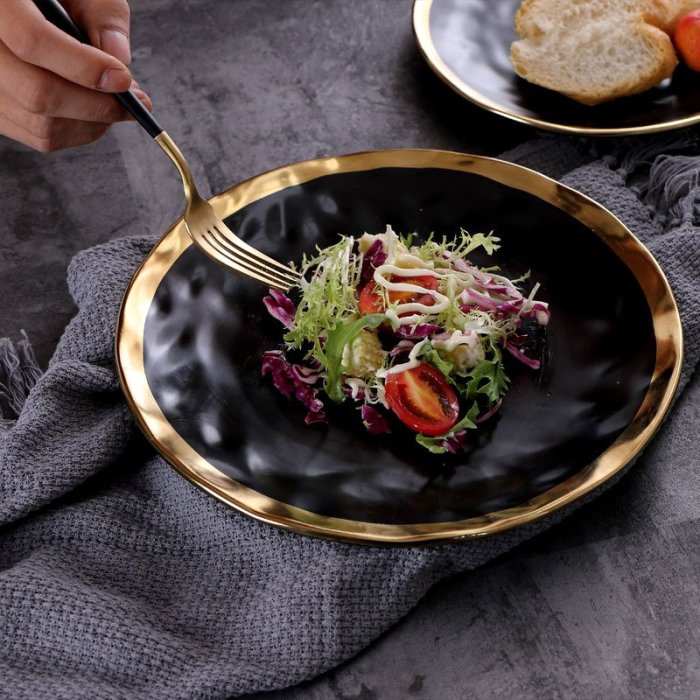 歐式鍍金西餐牛排盤創意菜盤子家用陶瓷沙拉盤餐具圓形水果盤批發