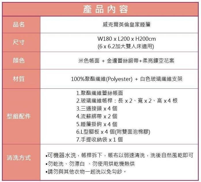 【蚊帳工廠】威克爾英倫皇家時尚睡帳-加大雙人/標準雙人-絲光緞帶+台灣製白色纖維支架/配件