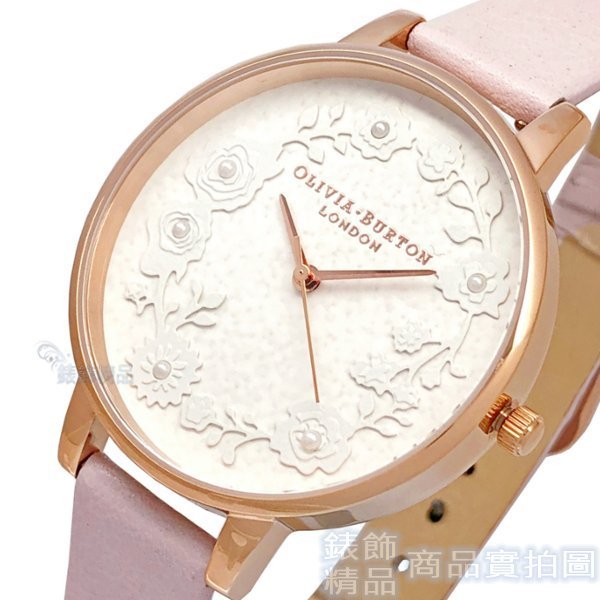 OLIVIA BURTON OB16AR01手錶 法式優雅 花卉雕刻 玫金框 粉色皮帶38mm 女錶【錶飾精品】