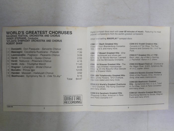 昀嫣音樂(CDa79) WORLD'S GREATEST CHORUSES 美國壓片 1990年 有磨損微細紋 保存如圖