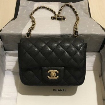 Chanel 香奈兒方胖子 A35200 mini square 荔枝紋 斜背包 肩背包黑色/金鏈  超讚