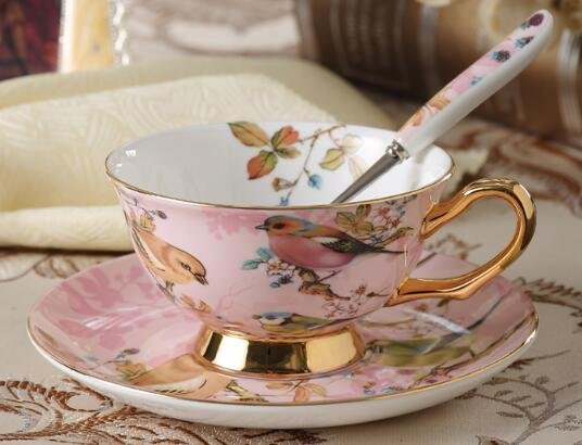 4566A 歐式花鳥圖案四組杯碟 歐式午茶杯碟組 陶瓷茶杯午茶盤收納架 杯碟架茶具咖啡杯盤組4入