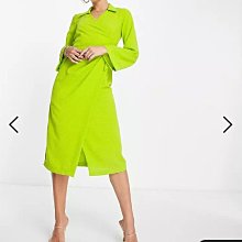 (嫻嫻屋) 英國ASOS-Closet綠色點點緹花紋襯衫領長袖中長裙洋裝禮服AA24