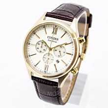 CITIZEN CA4413-19A 星辰錶 42mm 光動能 金錶殼 白面盤 咖啡皮錶帶 男錶女錶