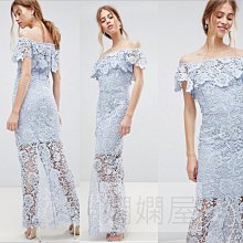 (嫻嫻屋) 英國ASOS-Paper Dolls時尚氣質名媛藍色蕾絲一字荷葉領蕾絲透膚裙長禮服洋裝 婚禮 現貨UK10