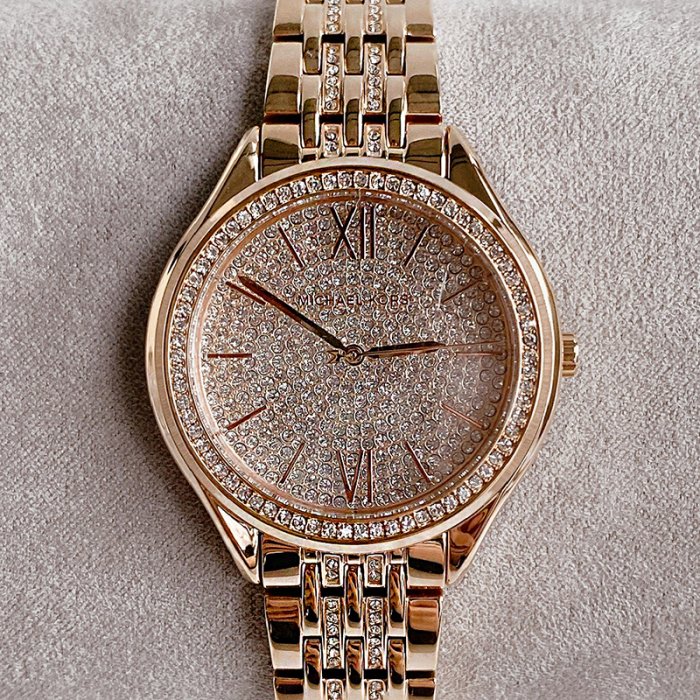 美國百分百【Michael Kors】手錶 MK7085女錶 MK 鍊帶腕錶 大logo 水鑽 玫瑰金 BO52