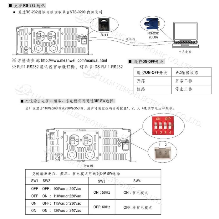 『聯騰．堃喬』MW明緯 NTS-3200 12V 24V 48V轉110V 台灣插座 全球通用 3200W 正弦波 逆變器