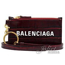 【茱麗葉精品】全新精品 BALENCIAGA 巴黎世家 594548 鱷魚紋牛皮斜背頸掛式卡片零錢包.深紅色 現貨