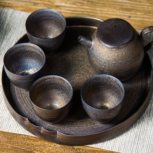 手工粗陶干泡盤日式陶瓷茶盤復古鎏金釉茶點盤功夫茶具壺承壺托盤-特價