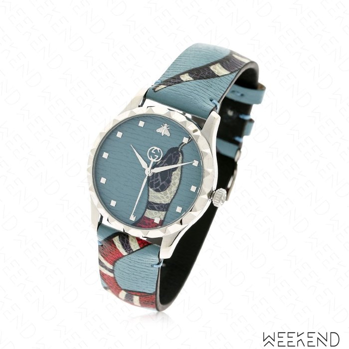【WEEKEND】 GUCCI G-TIMELESS 皮革 印圖 蛇 手錶 藍 18秋冬