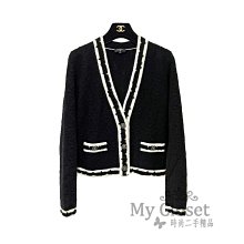 My Closet 二手名牌 Chanel 2022  黑鑲白邊 雙C釦 100%Cashmere 雙口袋 針織外套