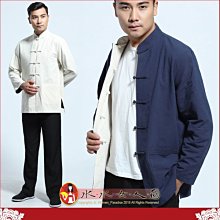 中國風男士唐裝 復古中式男裝書卷氣質棉麻上衣男雙面可穿長袖外套-藍配米-水水女人國