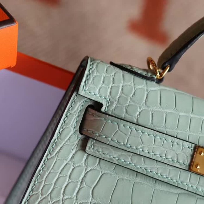 France Window 愛馬仕 Hermes Mini kelly 2代 6U薄荷綠 霧面美洲鱷魚皮 金扣