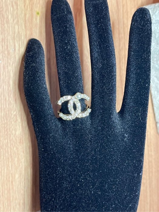 CHANEL 香奈兒 超美 二手 淡金色 水鑽 珍珠 造型 戒指