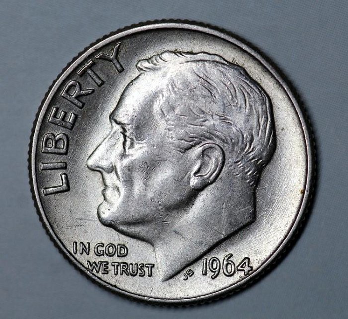 美國1964年10分羅斯福總統D版丹佛造幣廠銀幣17.9mm-41