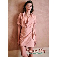 小V私家~ 法國 SZ 法式小眾設計 粉色文藝格紋 純棉裹身繫帶襯衫式連衣裙 洋裝 (T2029)