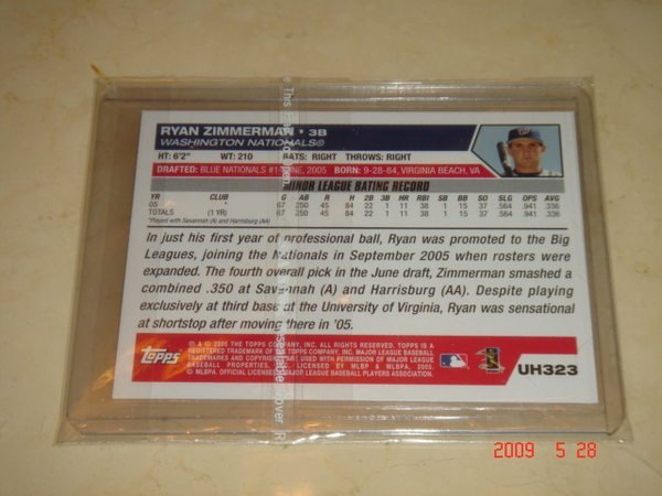 美國職棒 Nationals Ryan Zimmerman 2005 Topps Update #UH323 RC 新人卡 球員卡