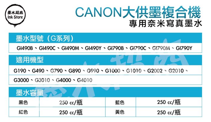 Canon墨水250CC G190/G490/G790/G890/G990/G1000/G1010【墨水超商】