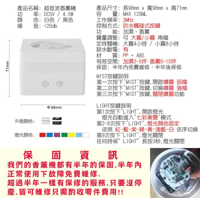 【現貨】【保險+保固】方形 時尚款 七彩香氛水氧機 【無附精油】USB供電【來雪拼】香薰機 加濕器