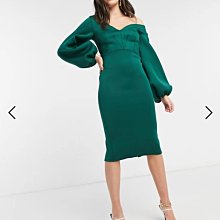 (嫻嫻屋) 英國ASOS-優雅時尚綠色V領緊身胸衣氣球袖中長裙洋裝禮服EL23