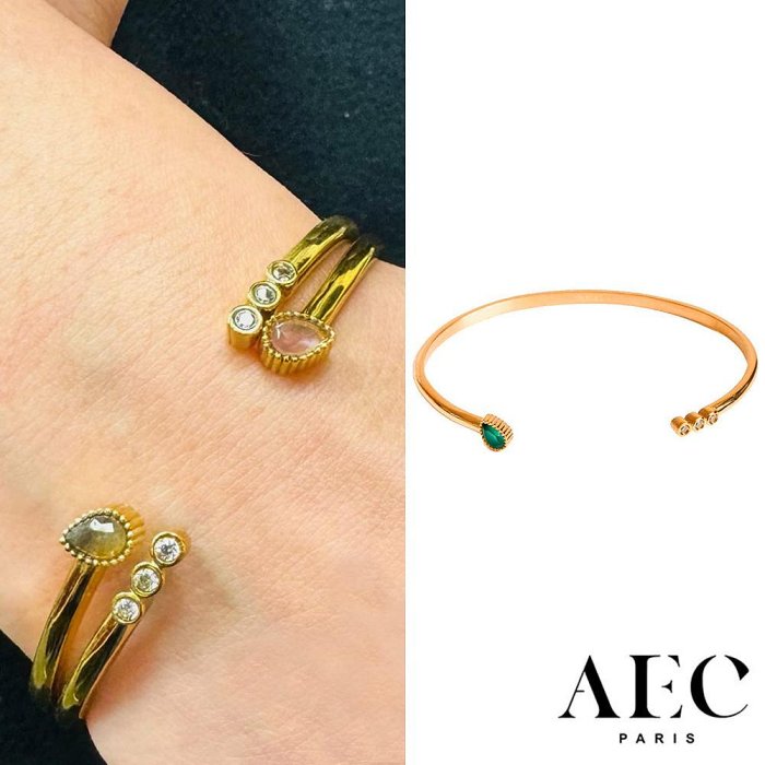 AEC PARIS 巴黎品牌 白鑽綠瑪瑙手環 可調式簡約金手環 BANGLE SITA