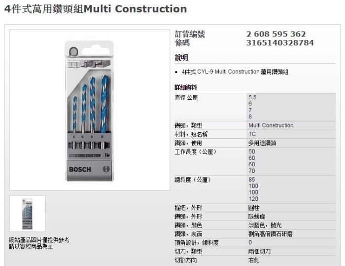 ＊小鐵五金＊德國BOSCH 萬用鑽頭套裝組 5.5mm/6mm/7mm/8mm 磁磚金屬水泥木材皆可使用＊