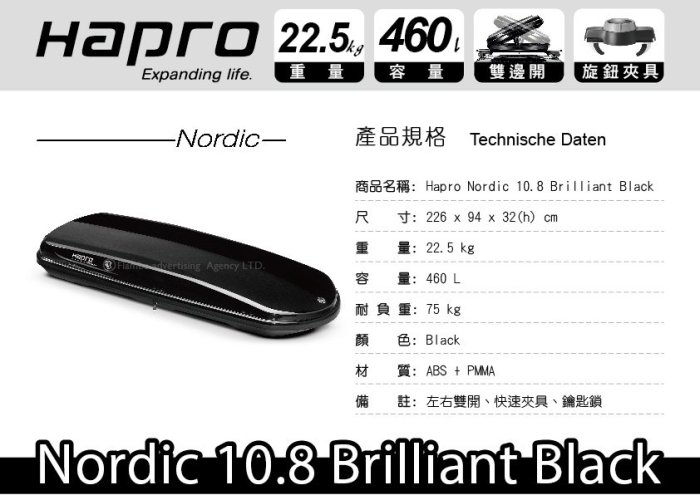 大桃園 Nordic 10.8 Brilliant Black 亮黑 雙開車頂行李箱 車用行李箱