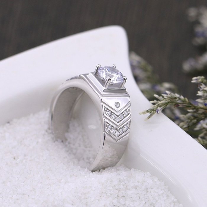 日韓時尚白金男款菱形鋯石水鑽可調式開口戒指情人節禮物生日禮物