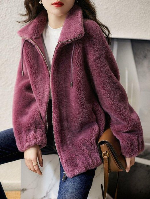 歐單 PB 輕奢貴氣 高顏值毛絨絨泰迪 紫紅色純羊毛複合麂皮絨 微寬鬆防風小立領拉鍊夾克外套 (Q661)