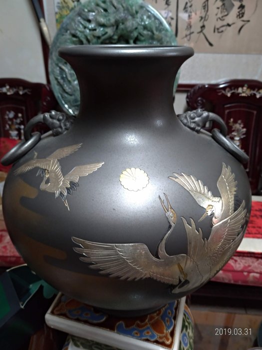 古董收藏古玩藝品/日本高岡銅器名家真峰作鶴青銅花瓶(日本花瓶器.花器