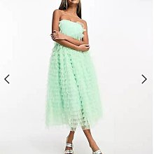 (嫻嫻屋) 英國ASOS-Forever Unique綠色薄紗平口領分層中長裙洋裝禮服EF23