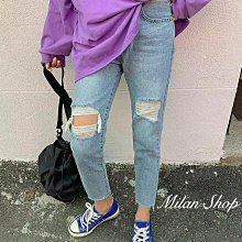 ☆Milan Shop☆網路最低價 正韓Korea獨家款 歐美大破損下切角淺藍九分褲S-L$1050（免運)