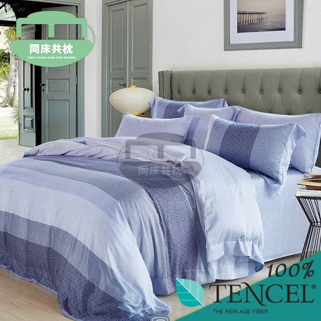 §同床共枕§TENCEL100%天絲萊賽爾纖維 特大6x7尺 鋪棉床包舖棉兩用被四件式組-麻趣布洛-藍