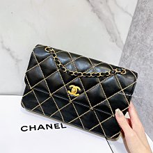 二手旗艦 CHANEL 香奈兒 黑色 牛皮 白麻車線 菱格紋 單蓋 復古金釦 復古金鍊 鍊包 (中友店)15803