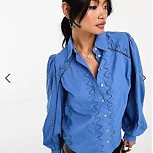 (嫻嫻屋) 英國ASOS-Y.A.S 藍色襯衫V領蕾絲鏤空裝飾長袖上衣 EH23