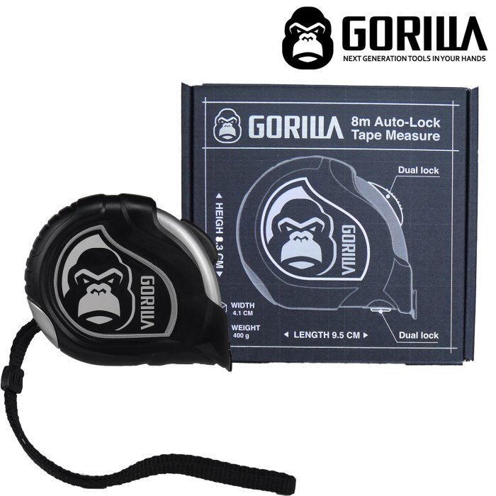 【Gorilla】雙面自動煞車8M銀灰文公尺(台尺＋公分＋文公尺）捲尺 伸縮捲尺 鋼捲尺