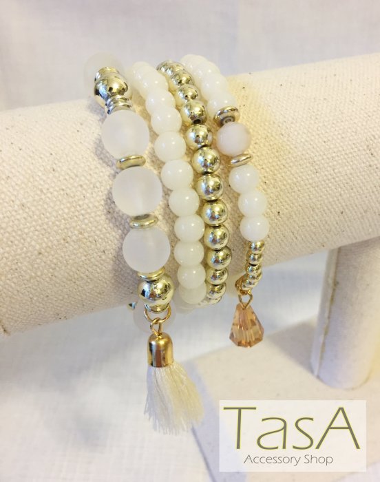 TasA Accessory shop-波希米亞小華麗流蘇串珠手環組(白色)