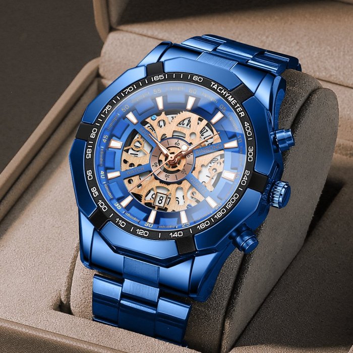 binbond賓邦鏤空非機械防水手表國外爆款機械表跨境藍色男士手表