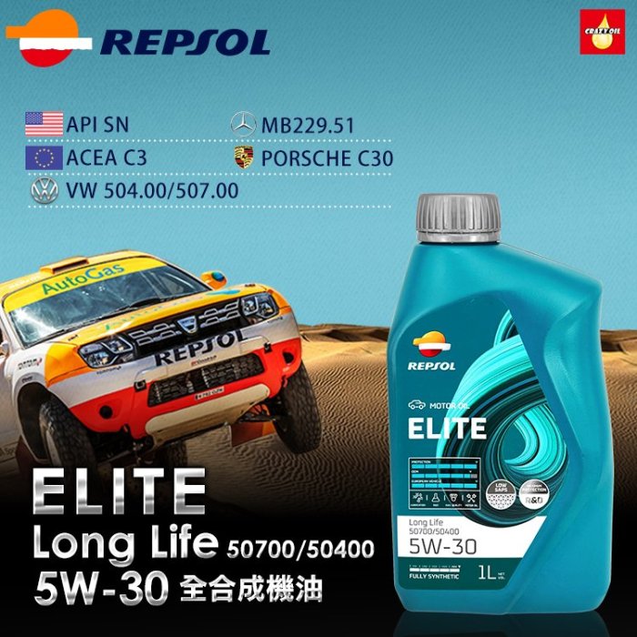 【瘋油網】REPSOL ELITE LongLife 504/507 5W30 5W-30全合成汽柴油機油 VAG VW