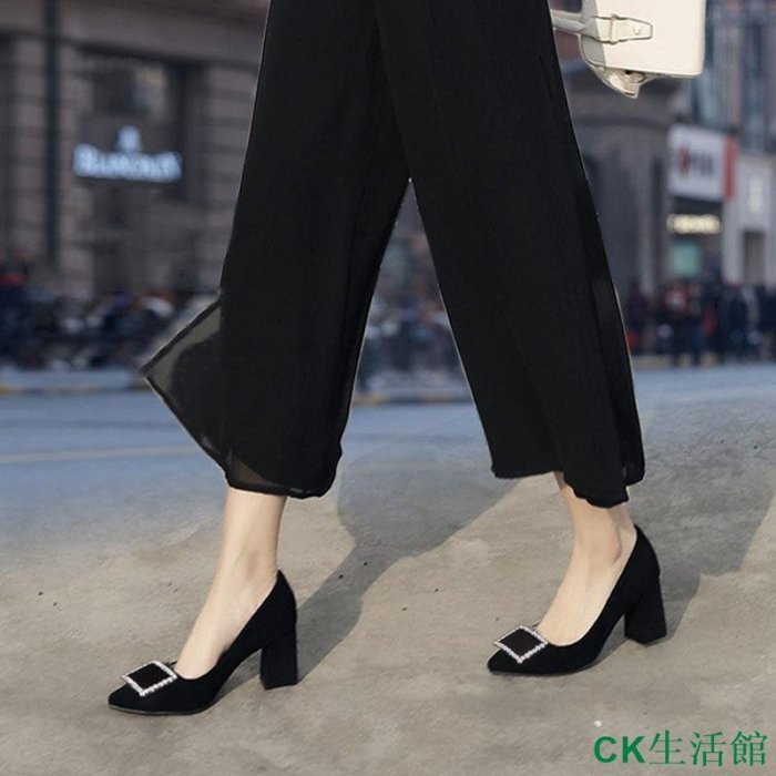 CK生活館��First Choice 韓國潮鞋 高跟鞋 跟鞋 粗跟單鞋 百搭中跟鞋 尖頭工作鞋 絨面職業高跟鞋 黑色高跟鞋