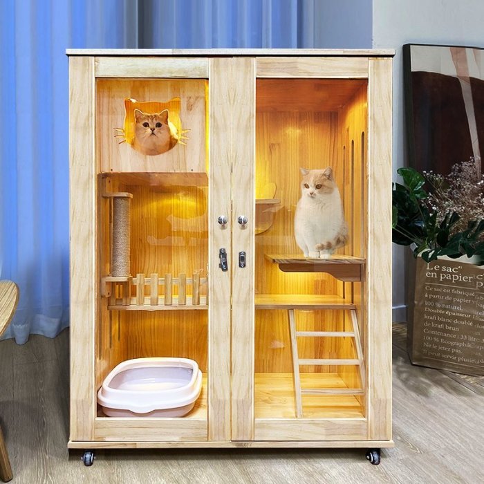 現貨熱銷-實木別墅貓籠子兩層家用寵物房室內豪華大號貓屋貓舍貓柜貓咪用品