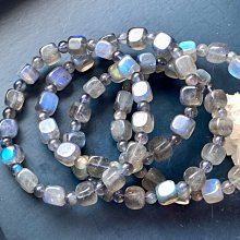 精選-深灰體 顆顆深藍光 拉長石/灰月光7-8mm+隨型狀立體方糖塊（單圈）立體方手鍊 DIY串珠