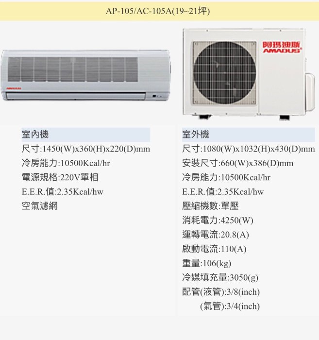 阿瑪迪斯 定頻一對一分離式冷氣 PA-105/AC-105A (含運含標準安裝.可刷卡分期)