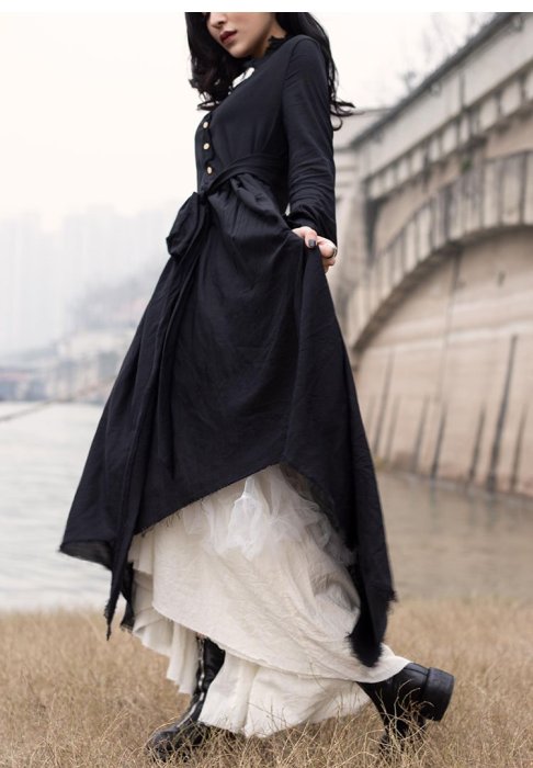 ►DR.DESIGN│DR31307特價1880-小眾 暗黑風 兩件式 作舊 黑白撞色 割毛邊設計 棉麻 蓬蓬 洋裝